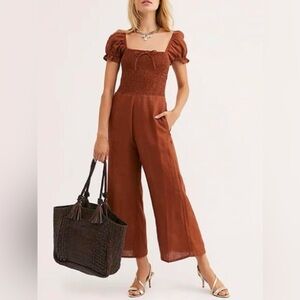 Faithfull the Brand Rust Brown Puff-Sleeve Jumpsuit